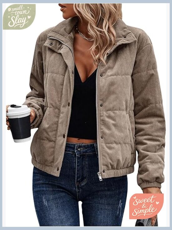 Jackets & Blazers - Quilted Puffer Jacket Zip Up Long Sleeve Padded Bomber Barn Coat with Pockets